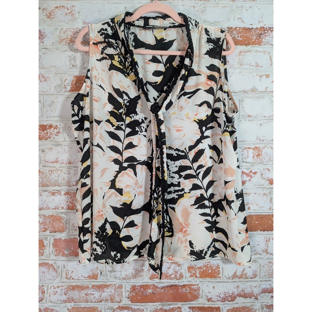 Karl Lagerfeld Blouse Womens XL Floral Tie Neck Sleeveless Black White Peach